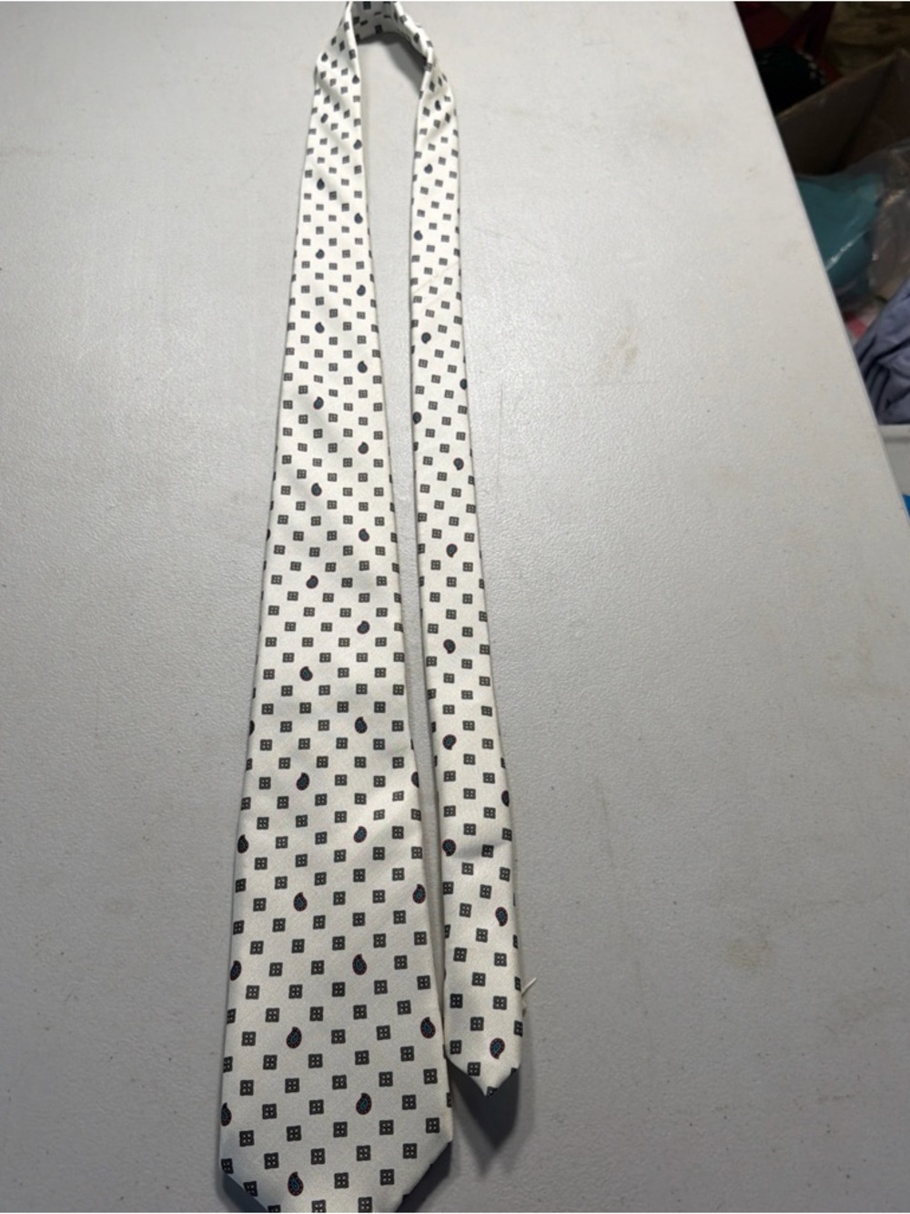 Classic White Men's Necktie with Black Geometric Dots